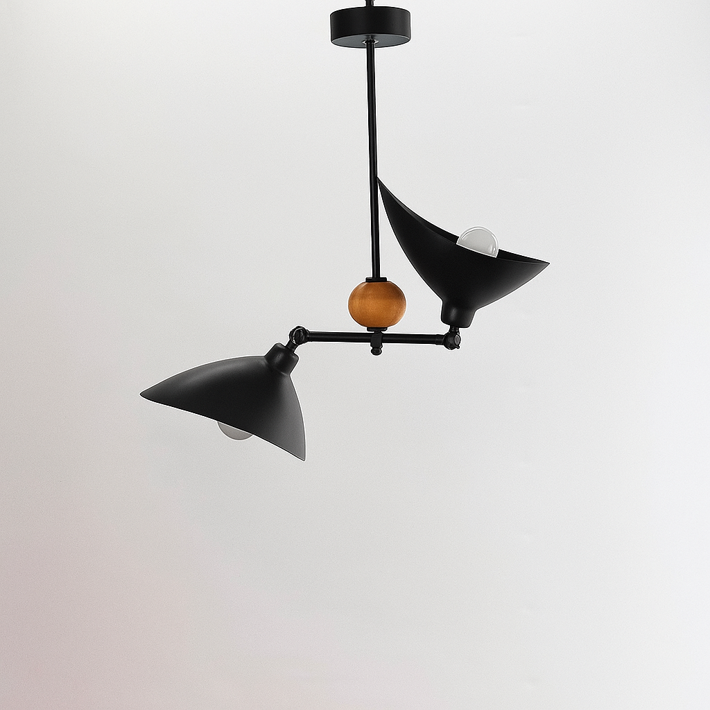 Leo İskandinav Tarzı 2 Kollu Ahşap Detaylı Avize Siyah